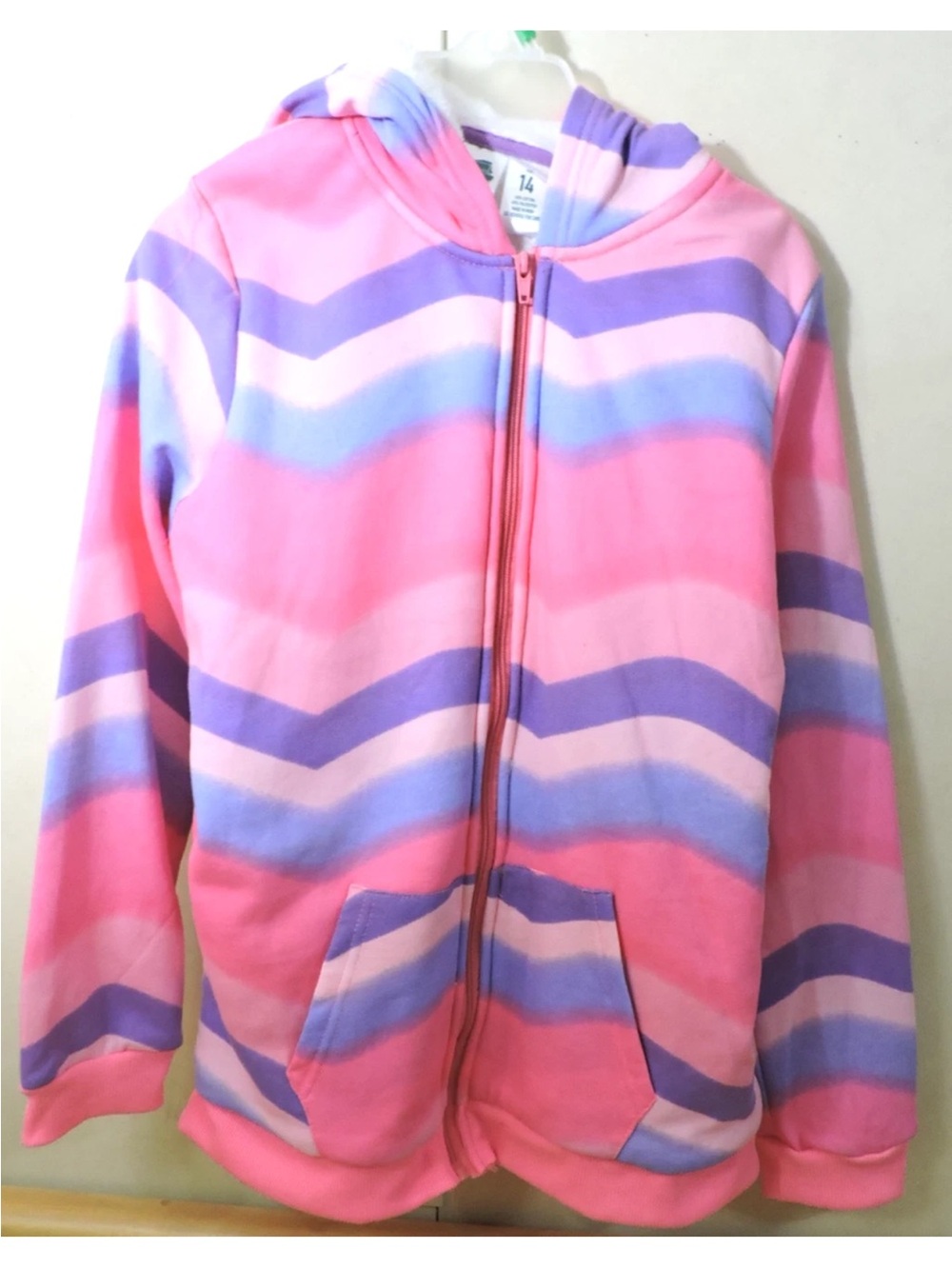 Extremely Me Girls Hooded Zip Chevron Fleece Hoodie Pink Purple Blue Size 14 NWT